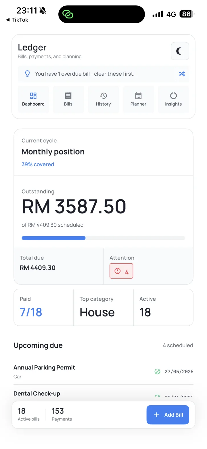 Commitment Manager monthly bills dashboard