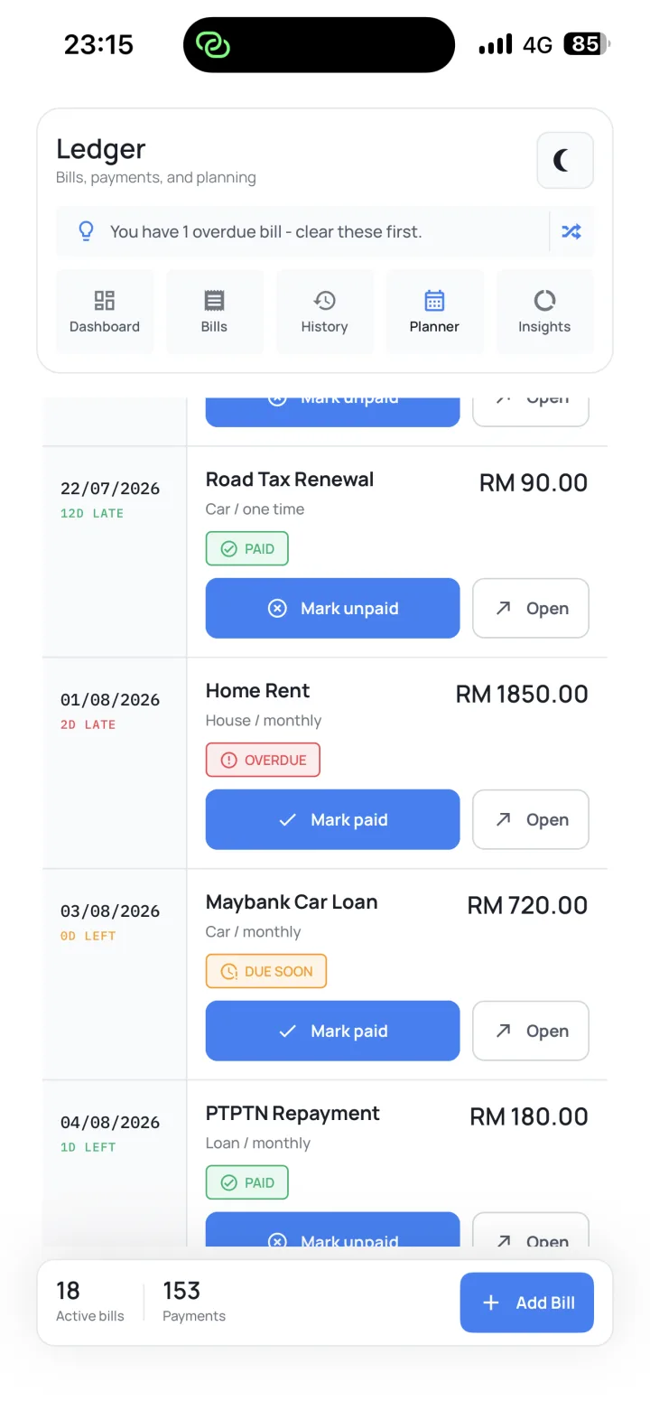 Commitment Manager detailed bill schedule