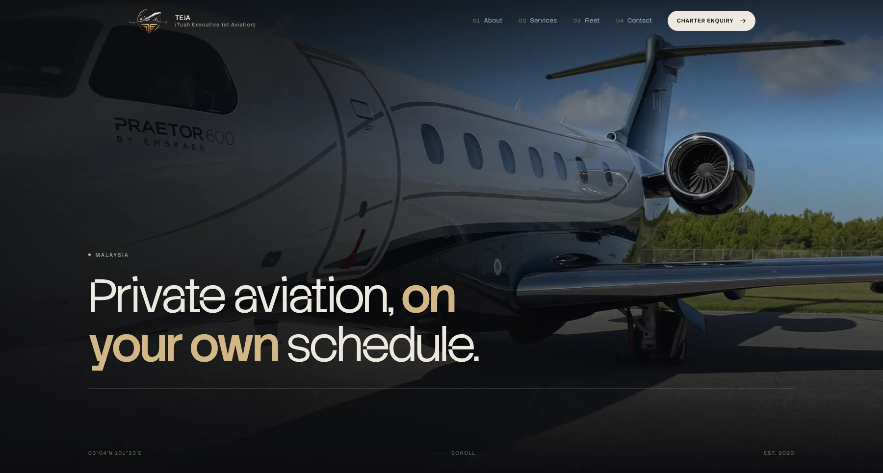 Teja Tuah Aviation full-bleed hero section